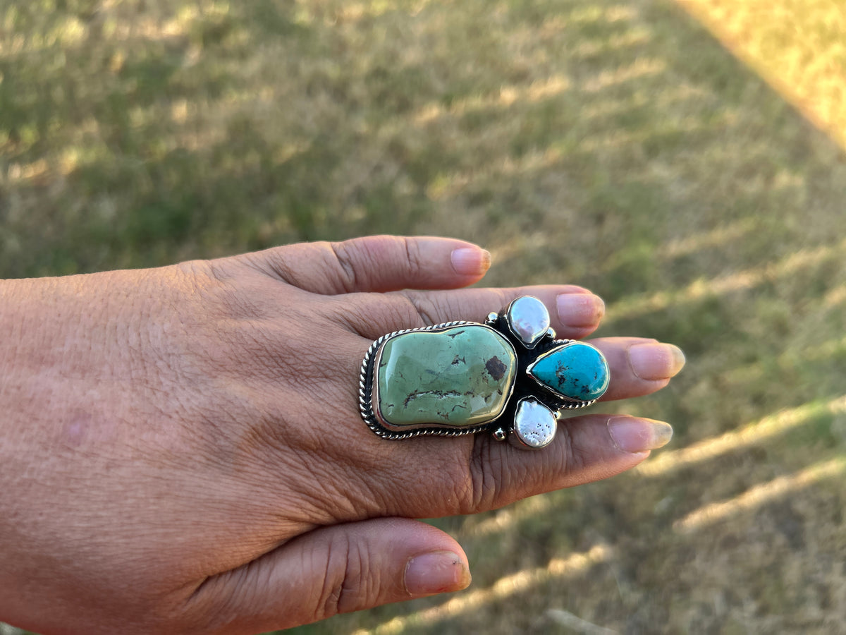 Adjustable Turquoise Pearl Ring, Tibetan Silver Boho Ethnic Jewelry