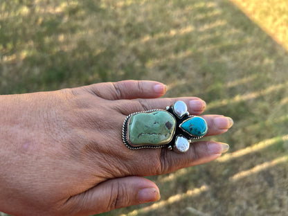 Adjustable Turquoise Pearl Ring, Tibetan Silver Boho Ethnic Jewelry