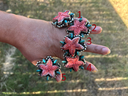 Natural Turquoise Spiny Oyster Starfish Ring, Tibetan Silver Boho Statement Jewelry