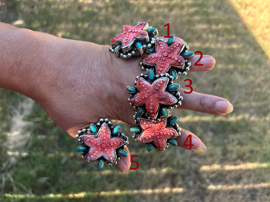 Natural Turquoise Spiny Oyster Starfish Ring, Tibetan Silver Boho Statement Jewelry