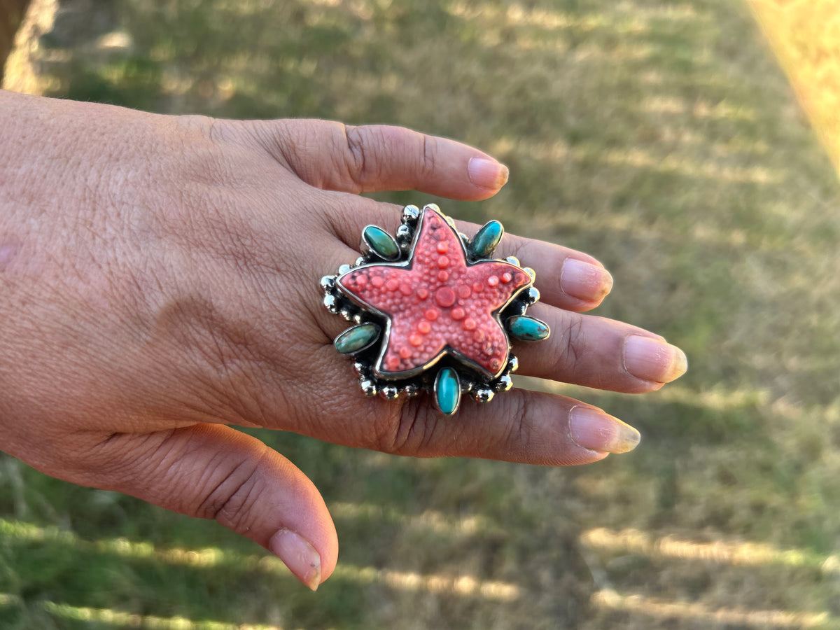 Natural Turquoise Spiny Oyster Starfish Ring, Tibetan Silver Boho Statement Jewelry