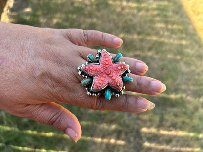 Natural Turquoise Spiny Oyster Starfish Ring, Tibetan Silver Boho Statement Jewelry