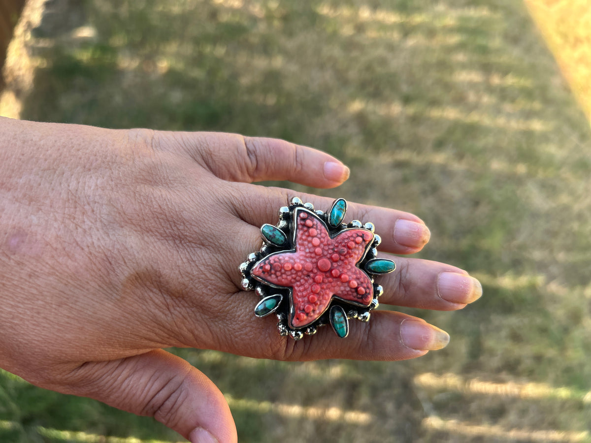 Natural Turquoise Spiny Oyster Starfish Ring, Tibetan Silver Boho Statement Jewelry