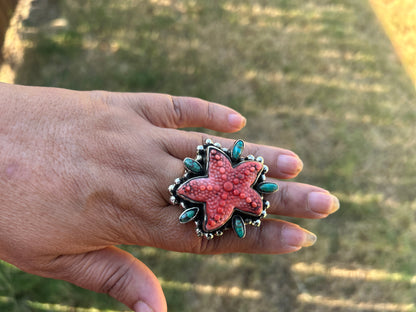 Natural Turquoise Spiny Oyster Starfish Ring, Tibetan Silver Boho Statement Jewelry