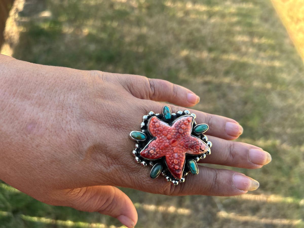 Natural Turquoise Spiny Oyster Starfish Ring, Tibetan Silver Boho Statement Jewelry