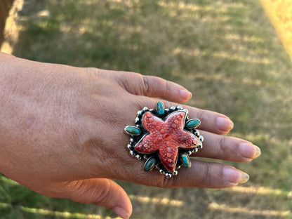 Natural Turquoise Spiny Oyster Starfish Ring, Tibetan Silver Boho Statement Jewelry