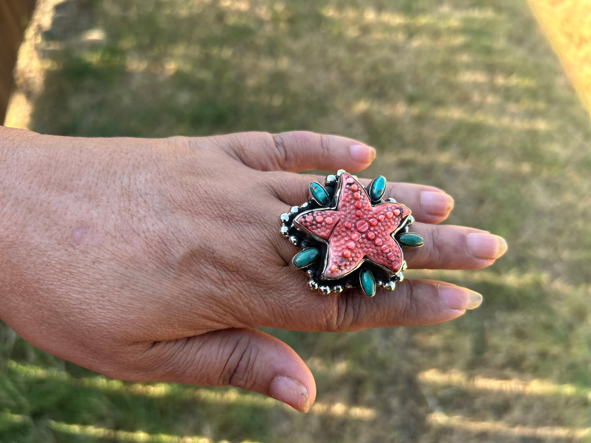Natural Turquoise Spiny Oyster Starfish Ring, Tibetan Silver Boho Statement Jewelry
