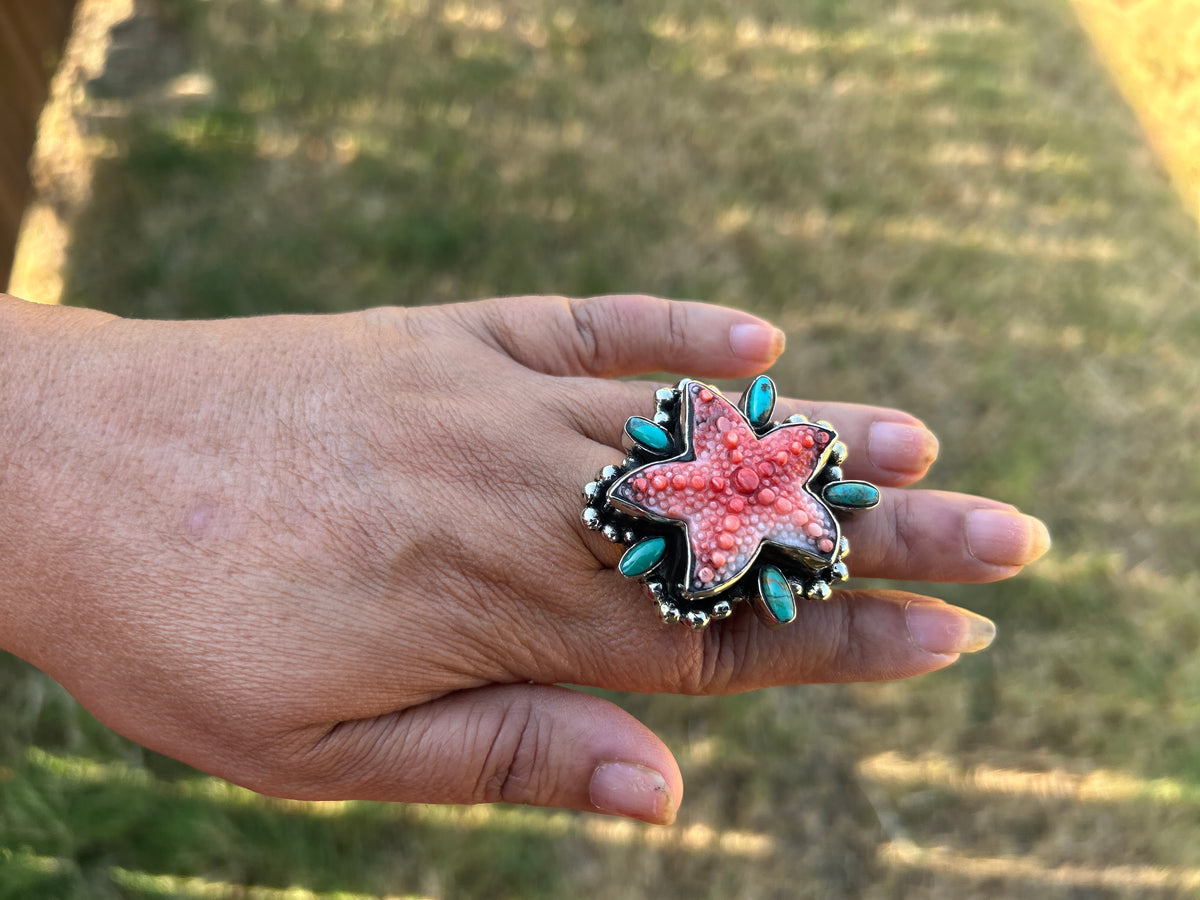 Natural Turquoise Spiny Oyster Starfish Ring, Tibetan Silver Boho Statement Jewelry