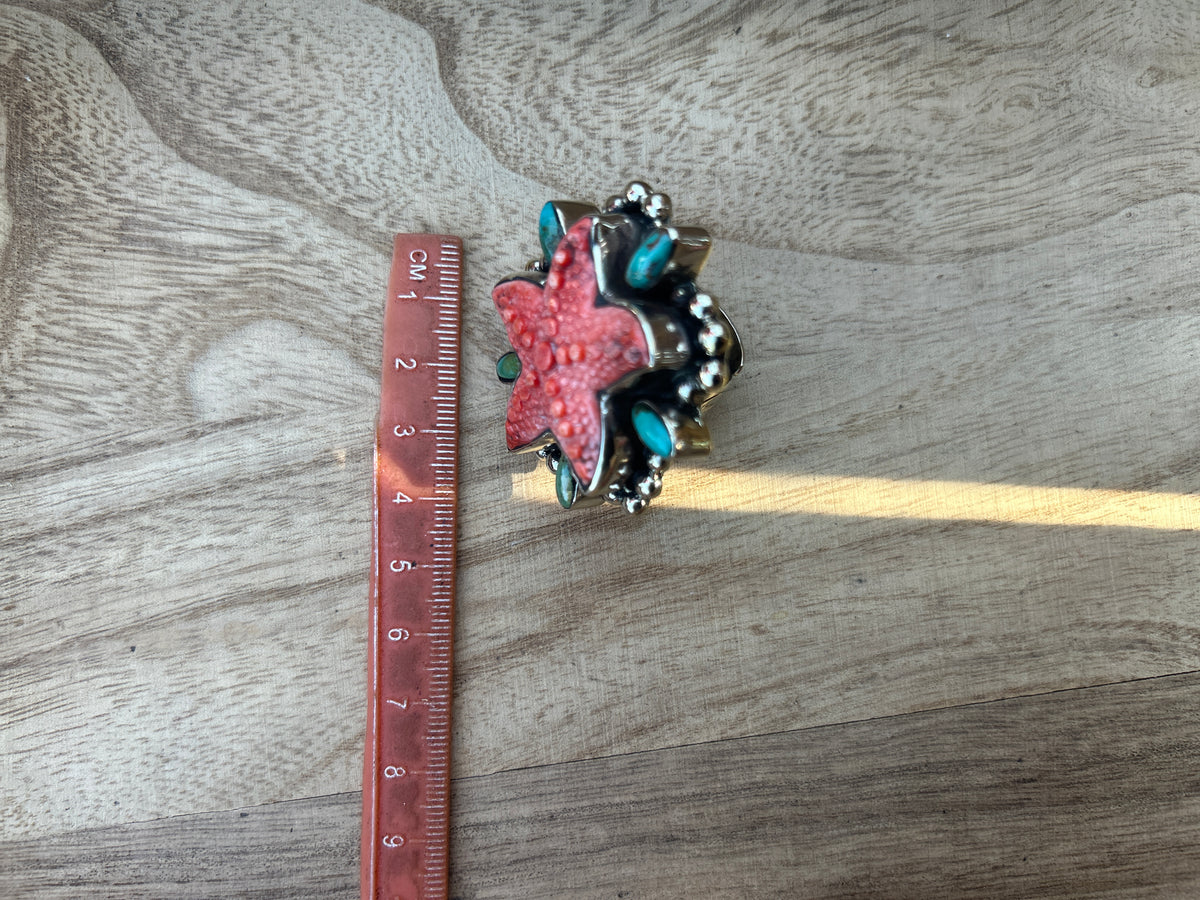 Natural Turquoise Spiny Oyster Starfish Ring, Tibetan Silver Boho Statement Jewelry