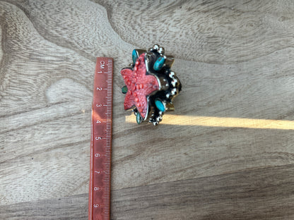 Natural Turquoise Spiny Oyster Starfish Ring, Tibetan Silver Boho Statement Jewelry