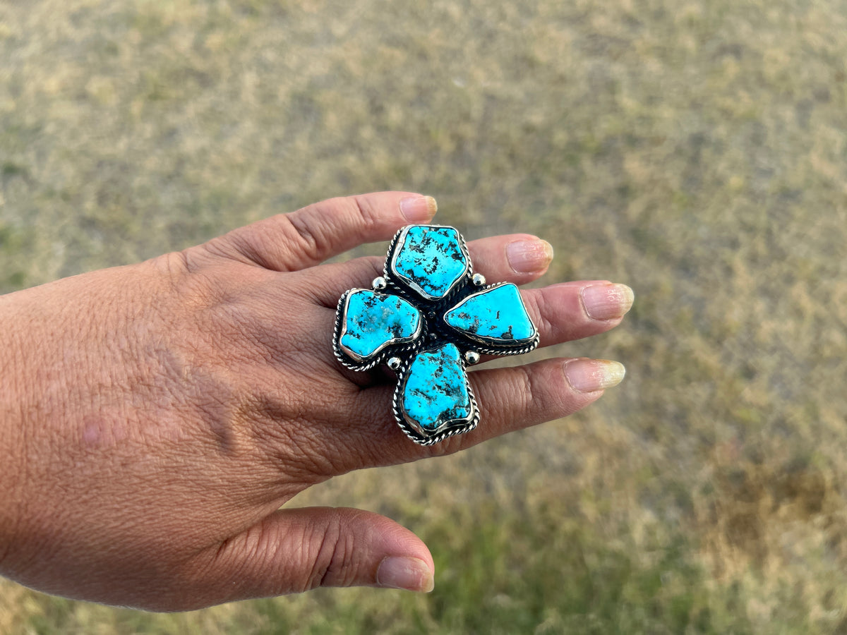 Adjustable Natural Turquoise Statement Ring, Tibetan Silver, Handmade Boho Tribal Style