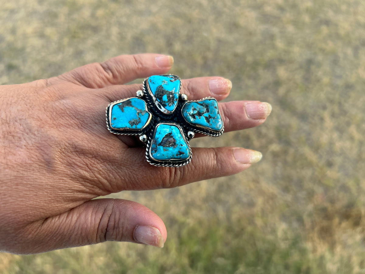 Adjustable Natural Turquoise Statement Ring, Tibetan Silver, Handmade Boho Tribal Style