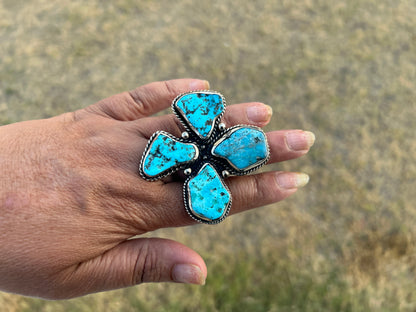 Adjustable Natural Turquoise Statement Ring, Tibetan Silver, Handmade Boho Tribal Style