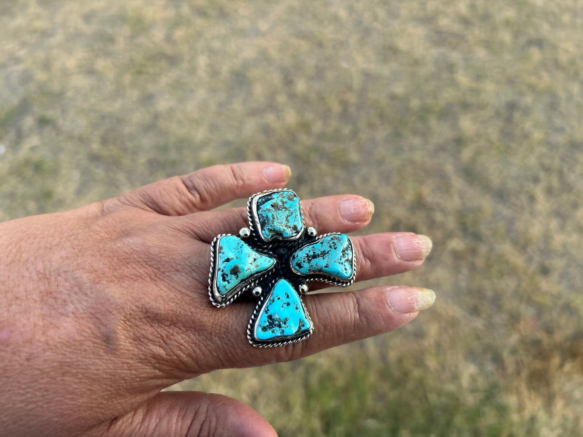 Adjustable Natural Turquoise Statement Ring, Tibetan Silver, Handmade Boho Tribal Style