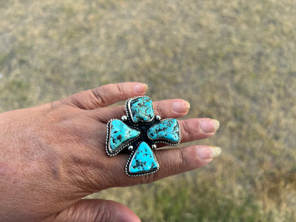 Adjustable Natural Turquoise Statement Ring, Tibetan Silver, Handmade Boho Tribal Style