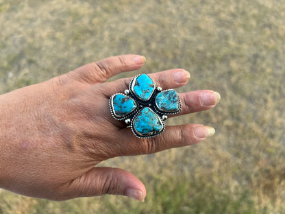 Adjustable Natural Turquoise Statement Ring, Tibetan Silver, Handmade Boho Tribal Style