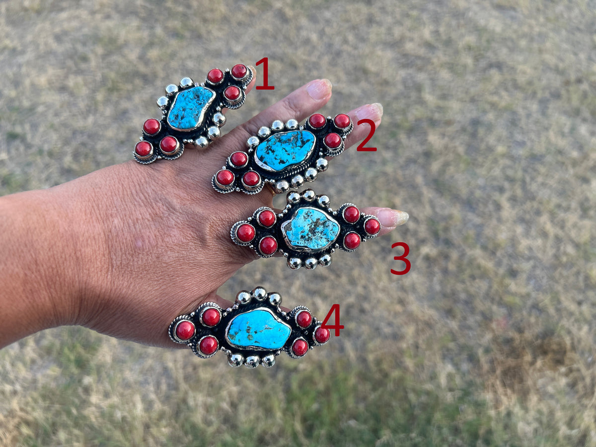 Natural Turquoise Red Coral Pendant, Tibetan Silver, Boho Southwestern Artisan Jewelry