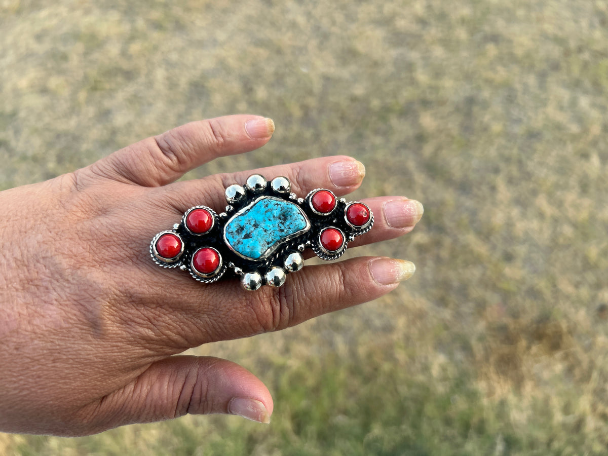 Natural Turquoise Red Coral Pendant, Tibetan Silver, Boho Southwestern Artisan Jewelry