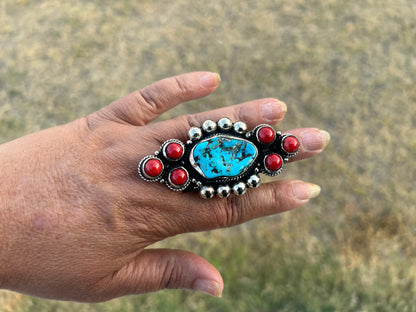 Natural Turquoise Red Coral Pendant, Tibetan Silver, Boho Southwestern Artisan Jewelry