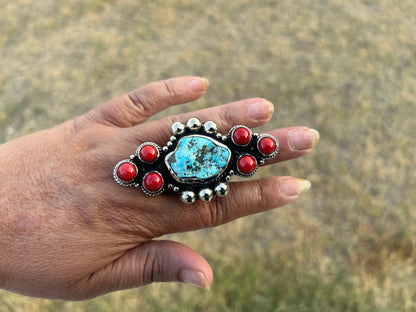 Natural Turquoise Red Coral Pendant, Tibetan Silver, Boho Southwestern Artisan Jewelry