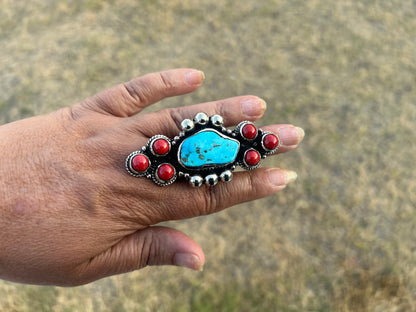 Natural Turquoise Red Coral Pendant, Tibetan Silver, Boho Southwestern Artisan Jewelry