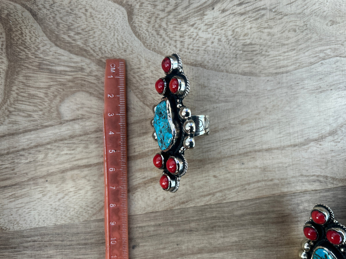 Natural Turquoise Red Coral Pendant, Tibetan Silver, Boho Southwestern Artisan Jewelry
