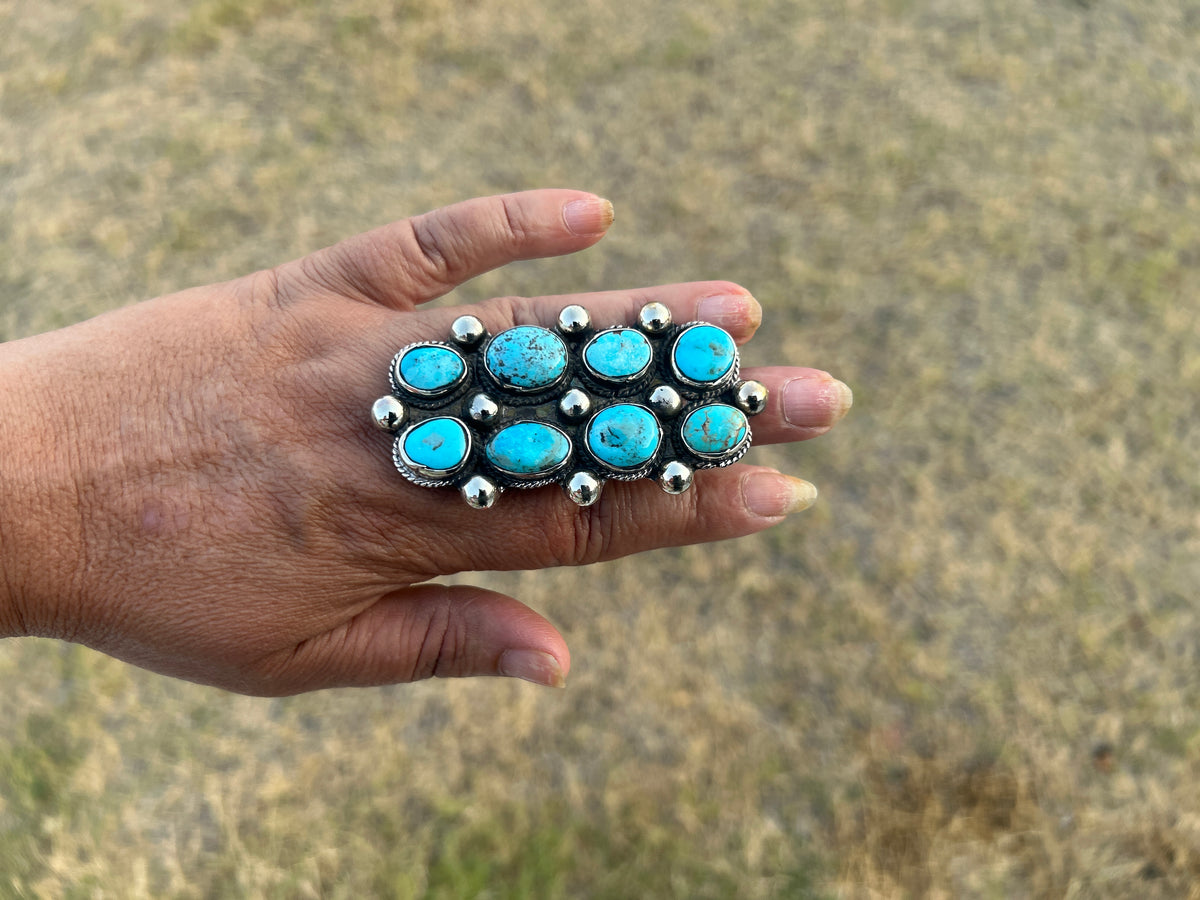 Adjustable Natural Turquoise Statement Ring, Tibetan Silver, Handmade Boho Tribal Style