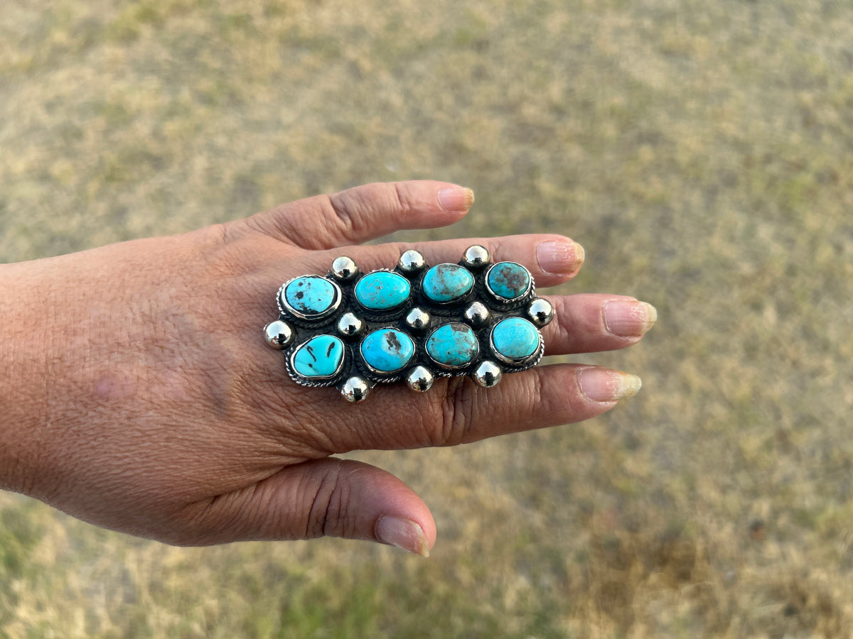 Adjustable Natural Turquoise Statement Ring, Tibetan Silver, Handmade Boho Tribal Style