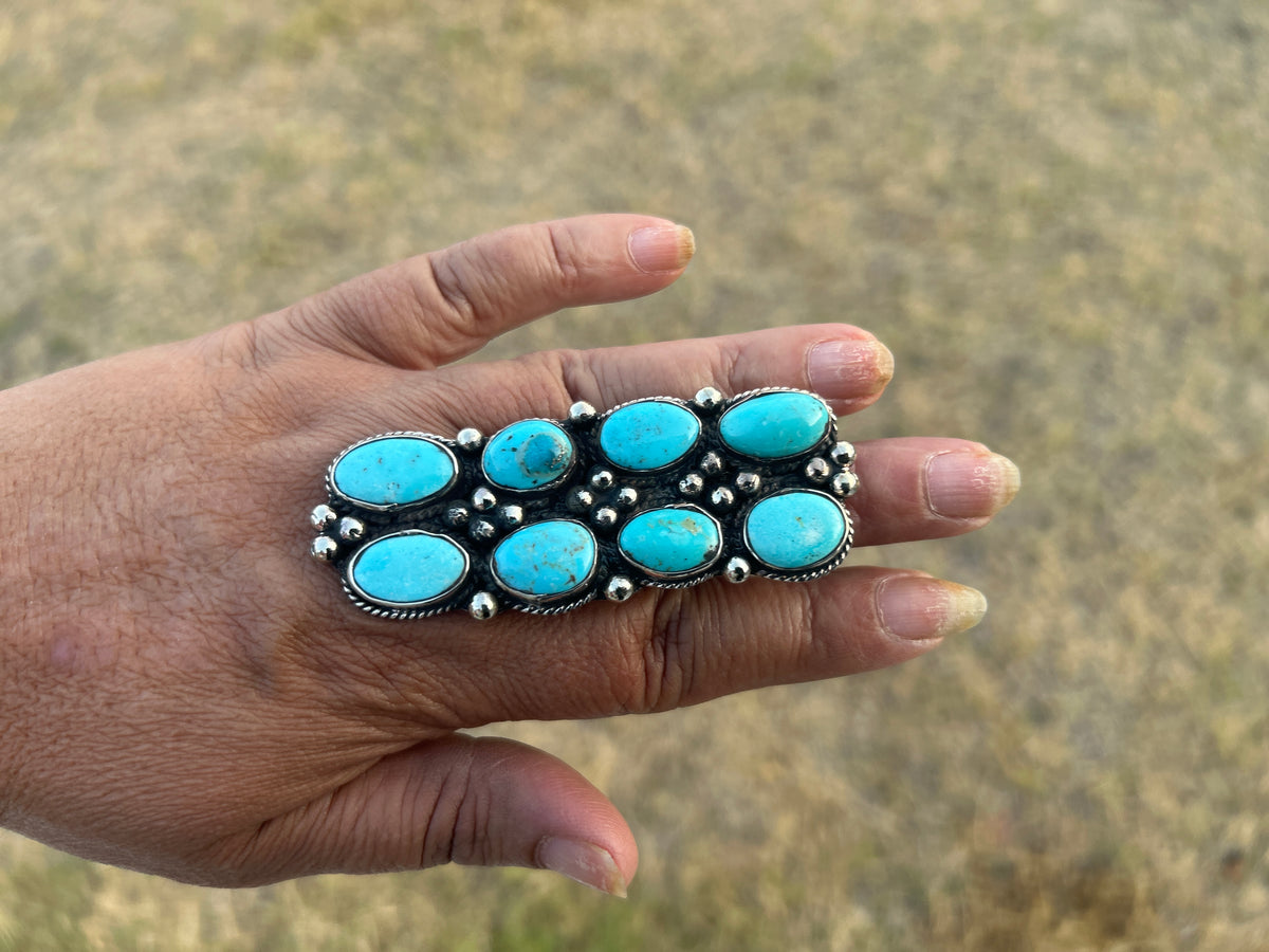 Adjustable Natural Turquoise Statement Ring, Tibetan Silver, Handmade Boho Tribal Style