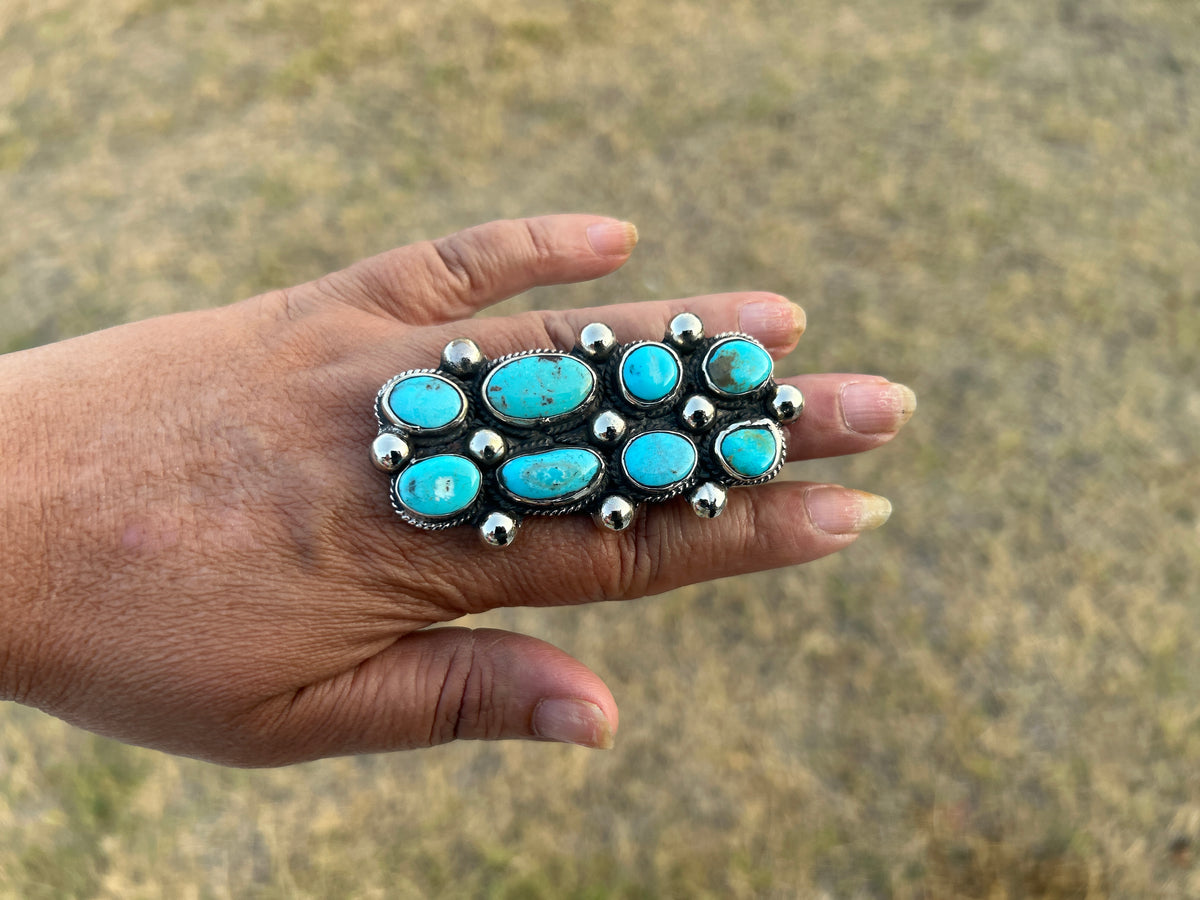 Adjustable Natural Turquoise Statement Ring, Tibetan Silver, Handmade Boho Tribal Style
