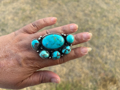 Adjustable Natural Turquoise Statement Ring, Tibetan Silver, Handmade Boho Tribal Style