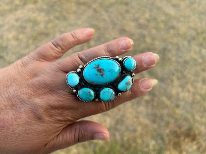Adjustable Natural Turquoise Statement Ring, Tibetan Silver, Handmade Boho Tribal Style