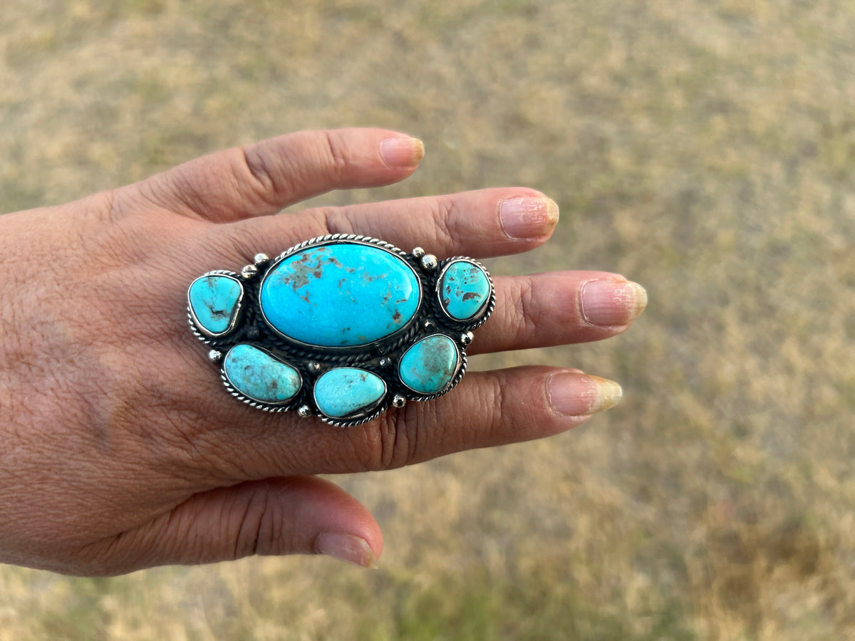 Adjustable Natural Turquoise Statement Ring, Tibetan Silver, Handmade Boho Tribal Style