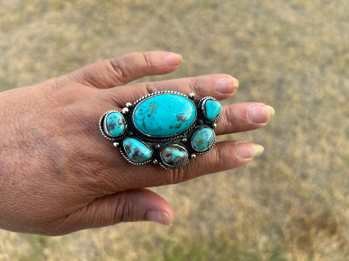 Adjustable Natural Turquoise Statement Ring, Tibetan Silver, Handmade Boho Tribal Style