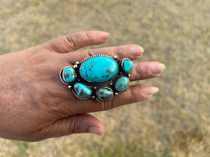 Adjustable Natural Turquoise Statement Ring, Tibetan Silver, Handmade Boho Tribal Style