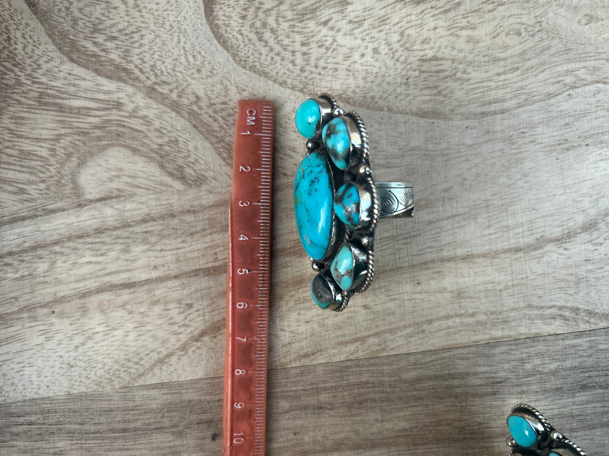 Adjustable Natural Turquoise Statement Ring, Tibetan Silver, Handmade Boho Tribal Style