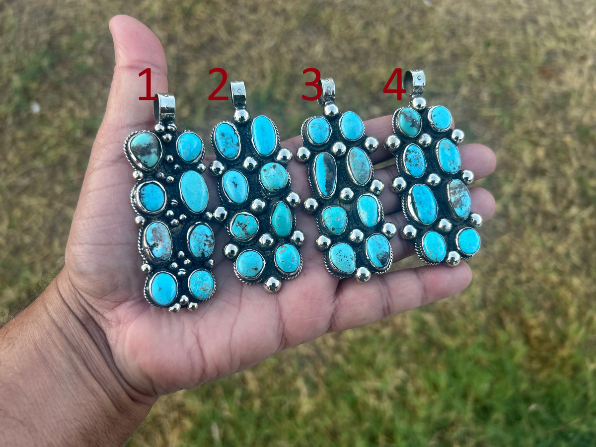 Natural Turquoise Long Pendant, Tibetan Silver Boho Southwestern Jewelry