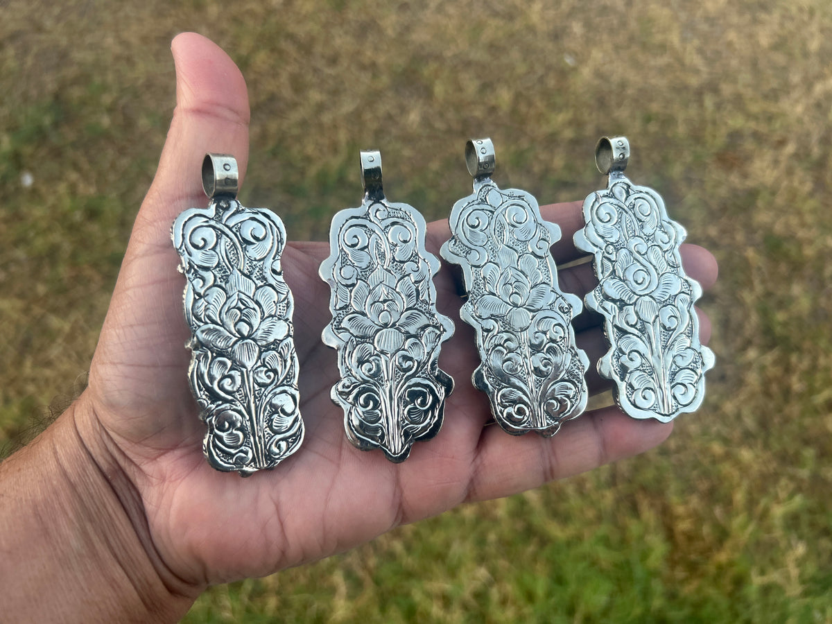 Natural Turquoise Long Pendant, Tibetan Silver Boho Southwestern Jewelry