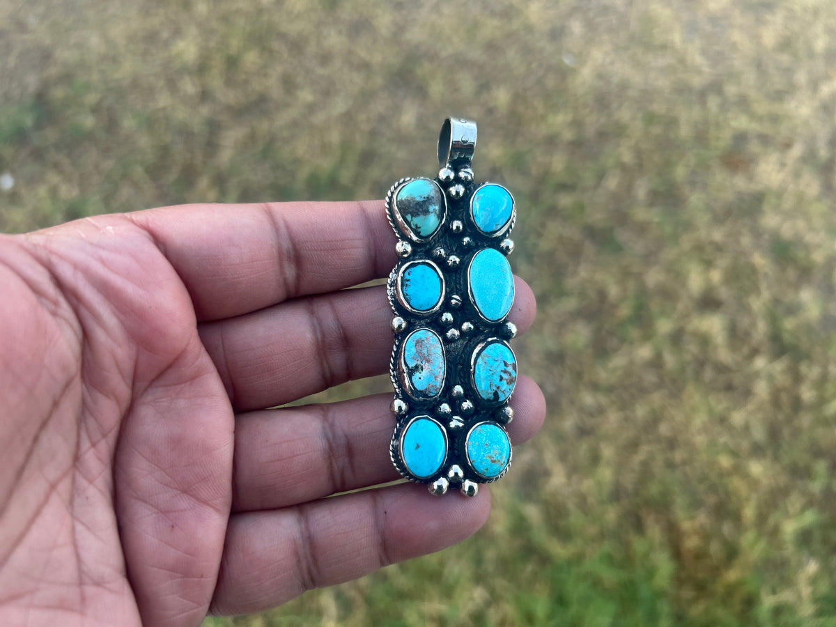 Natural Turquoise Long Pendant, Tibetan Silver Boho Southwestern Jewelry