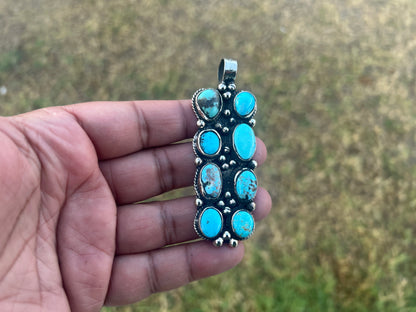 Natural Turquoise Long Pendant, Tibetan Silver Boho Southwestern Jewelry