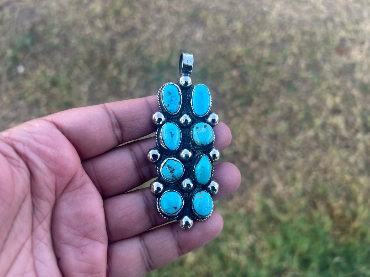 Natural Turquoise Long Pendant, Tibetan Silver Boho Southwestern Jewelry