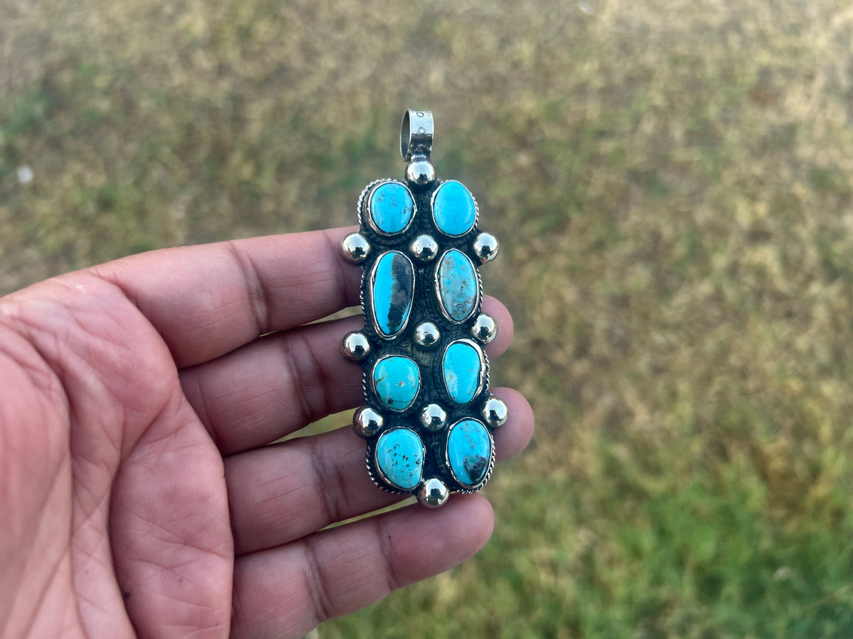 Natural Turquoise Long Pendant, Tibetan Silver Boho Southwestern Jewelry