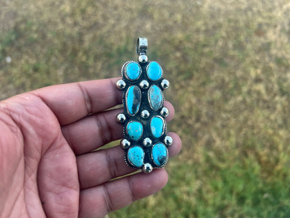 Natural Turquoise Long Pendant, Tibetan Silver Boho Southwestern Jewelry