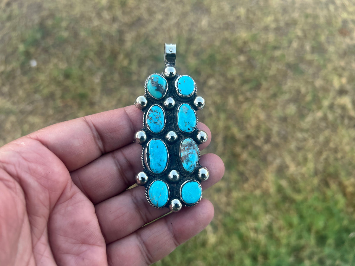 Natural Turquoise Long Pendant, Tibetan Silver Boho Southwestern Jewelry