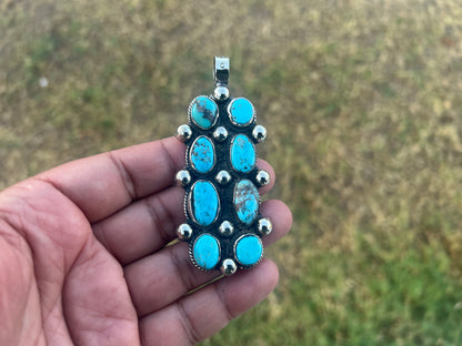 Natural Turquoise Long Pendant, Tibetan Silver Boho Southwestern Jewelry