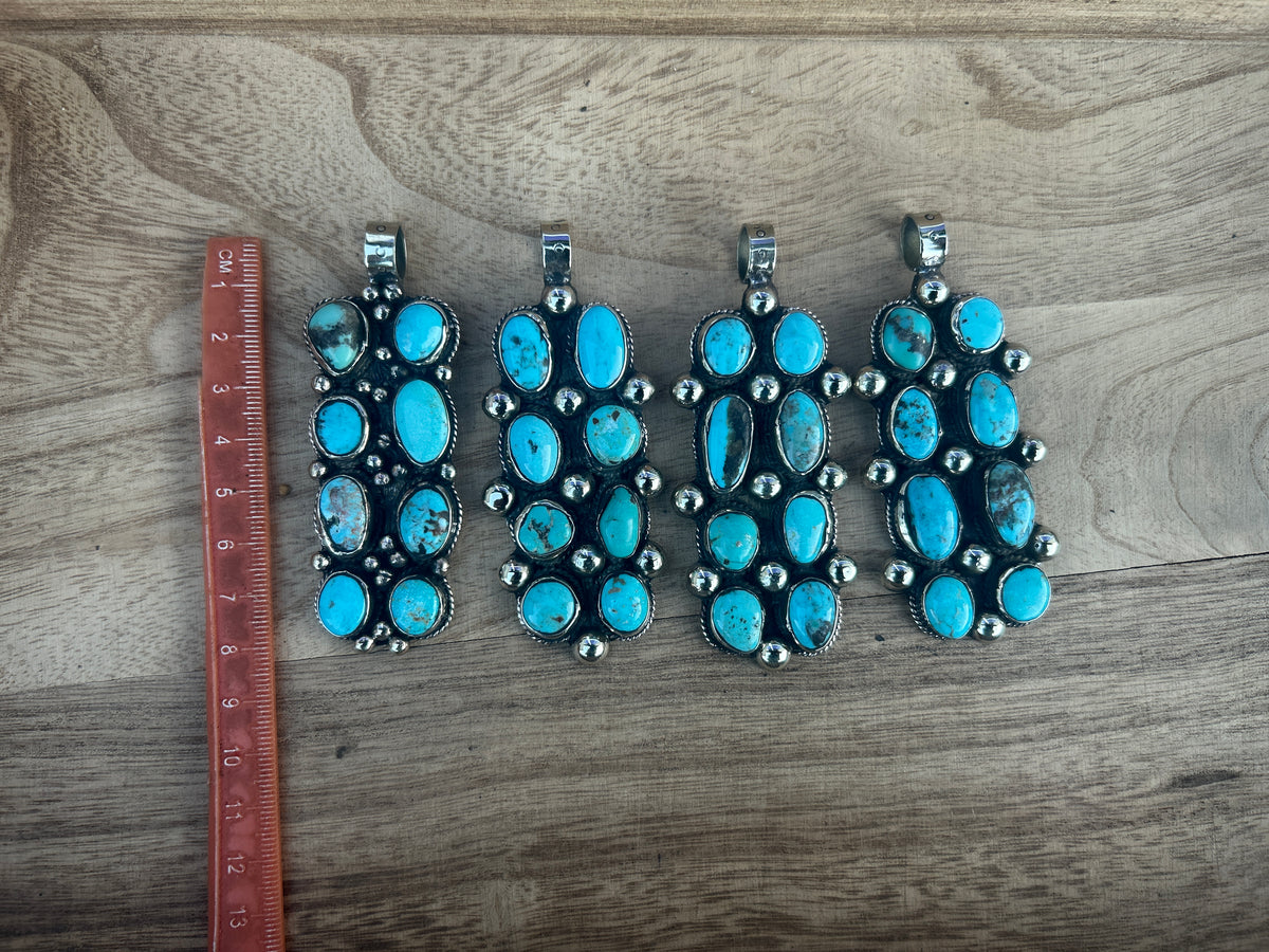 Natural Turquoise Long Pendant, Tibetan Silver Boho Southwestern Jewelry