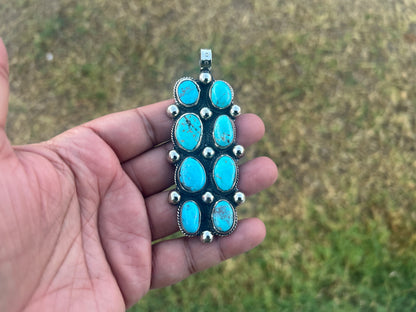 Natural Turquoise Long Pendant, Tibetan Silver Boho Southwestern Jewelry