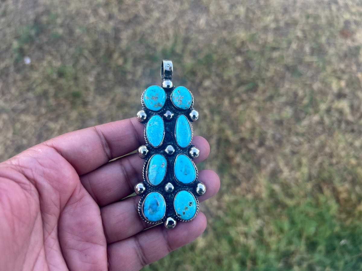 Natural Turquoise Long Pendant, Tibetan Silver Boho Southwestern Jewelry