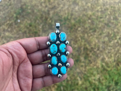 Natural Turquoise Long Pendant, Tibetan Silver Boho Southwestern Jewelry