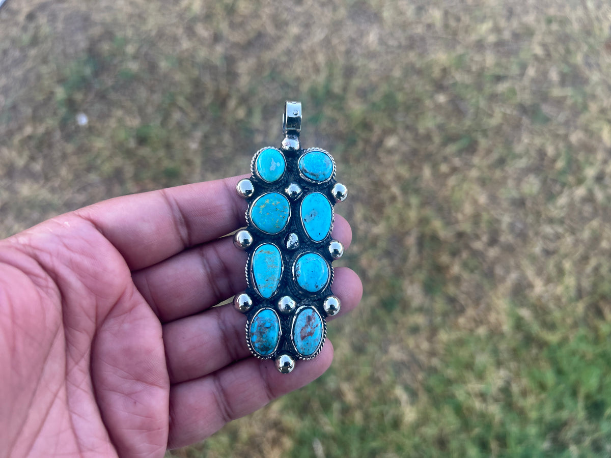 Natural Turquoise Long Pendant, Tibetan Silver Boho Southwestern Jewelry